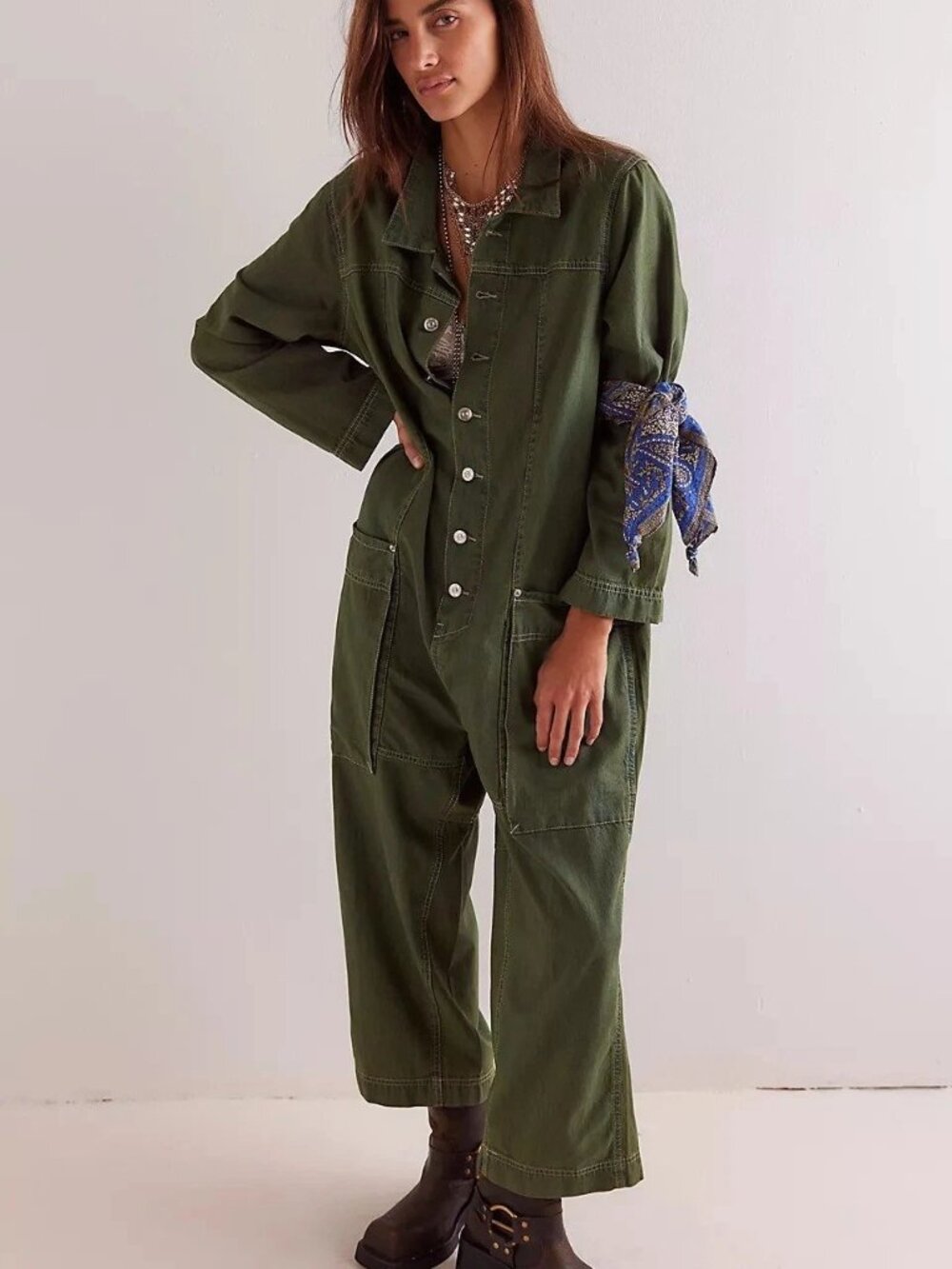 Free People We The Free Margarita Jumpsuit Utility Rigid Denim Wide Leg S 290533